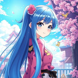 A stunning anime girl with long, flowing blue hair cascading down her back, wearing a vibrant, stylish outfit