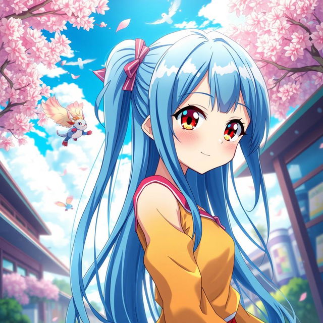 A stunning anime girl with long, flowing blue hair cascading down her back, wearing a vibrant, stylish outfit