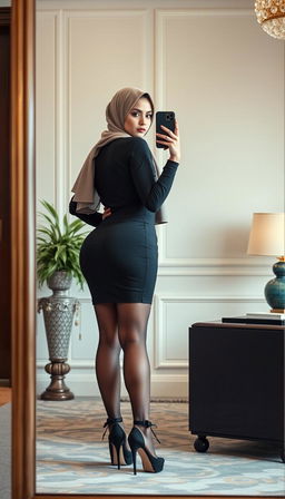 A high-class Arab hijab-wearing secretary, 40 years old, with white skin and a curvy, busty body