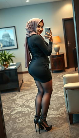 A high-class Arab hijab-wearing secretary, 40 years old, with white skin and a curvy, busty body