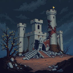 A detailed 2D pixel art scene depicting a damaged medieval castle