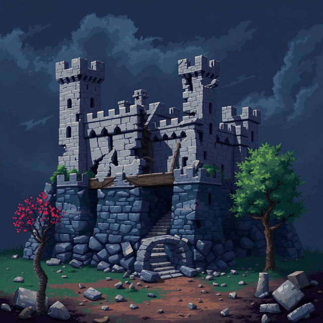 A detailed 2D pixel art scene depicting a damaged medieval castle