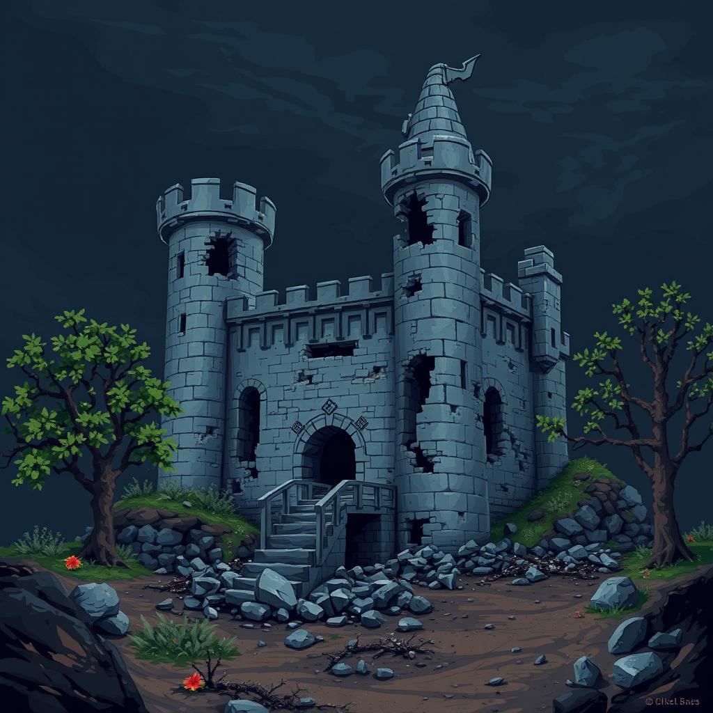 A detailed 2D pixel art scene depicting a damaged medieval castle