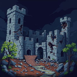 A detailed 2D pixel art scene depicting a damaged medieval castle