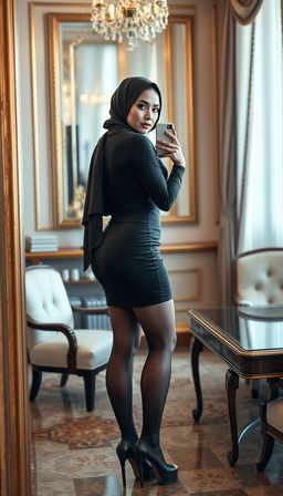 A high-class Arab hijab secretary, 40 years old, characterized by her white skin and curvy, busty body