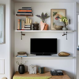 A cozy TV corner in a small space, featuring a lower section with a TV stand and decorative elements, paired with a creative upper section with mounted shelves brimming with personal touches.