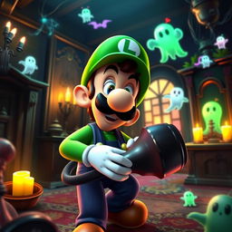 A vibrant and detailed scene from Luigi's Mansion 2, showcasing Luigi in his iconic green hat and overalls, exploring a spooky yet whimsical haunted mansion filled with colorful ghosts and unique puzzle elements