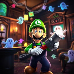 A vibrant and detailed scene from Luigi's Mansion 2, showcasing Luigi in his iconic green hat and overalls, exploring a spooky yet whimsical haunted mansion filled with colorful ghosts and unique puzzle elements
