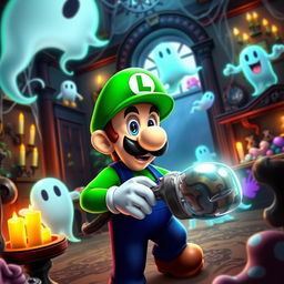 A vibrant and detailed scene from Luigi's Mansion 2, showcasing Luigi in his iconic green hat and overalls, exploring a spooky yet whimsical haunted mansion filled with colorful ghosts and unique puzzle elements