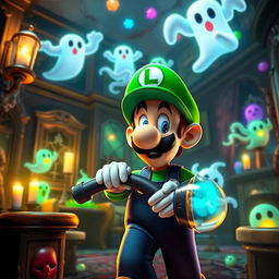 A vibrant and detailed scene from Luigi's Mansion 2, showcasing Luigi in his iconic green hat and overalls, exploring a spooky yet whimsical haunted mansion filled with colorful ghosts and unique puzzle elements