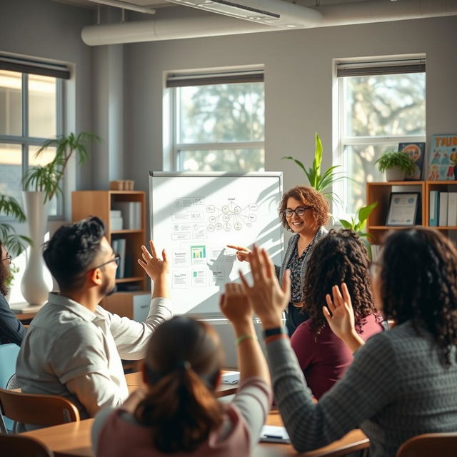 A warm and inviting classroom environment featuring an enthusiastic teacher engaging with diverse adult students in a friendly discussion