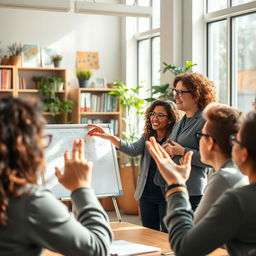 A warm and inviting classroom environment featuring an enthusiastic teacher engaging with diverse adult students in a friendly discussion