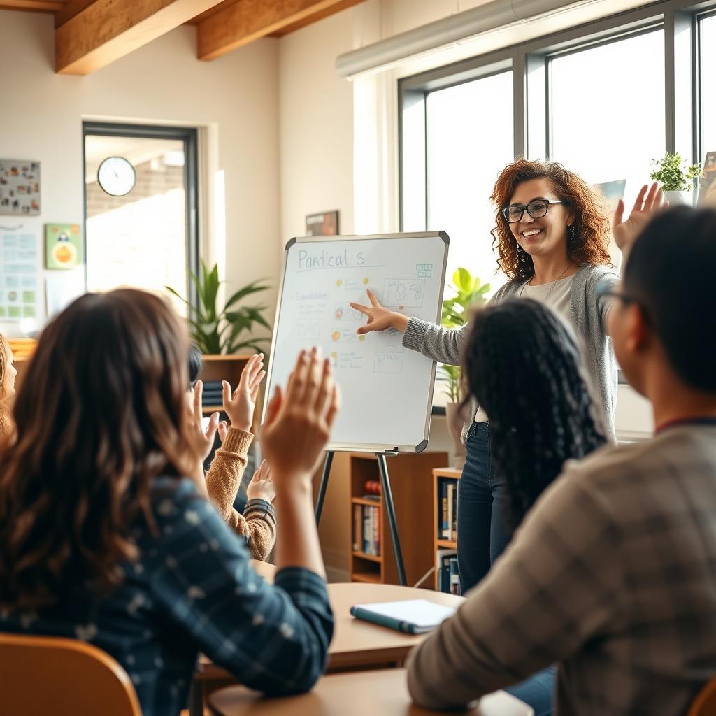 A warm and inviting classroom environment featuring an enthusiastic teacher engaging with diverse adult students in a friendly discussion