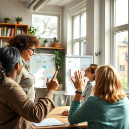 A warm and inviting classroom environment featuring an enthusiastic teacher engaging with diverse adult students in a friendly discussion