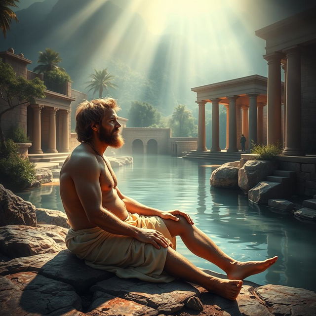 A powerful and evocative image of the paralyzed man from Bethesda, depicted in a biblical setting