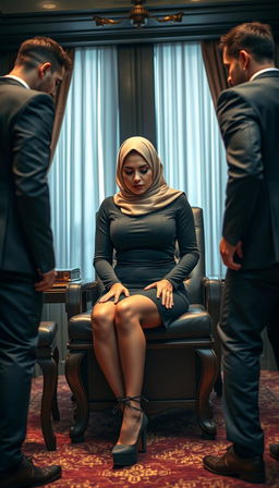 A high-class Arab hijab secretary, 40 years old, with white skin and a curvy, busty physique