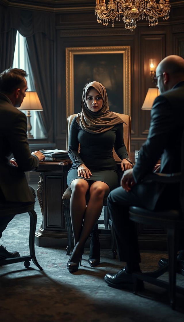 A high-class Arab hijab secretary, 40 years old, with white skin and a curvy, busty physique