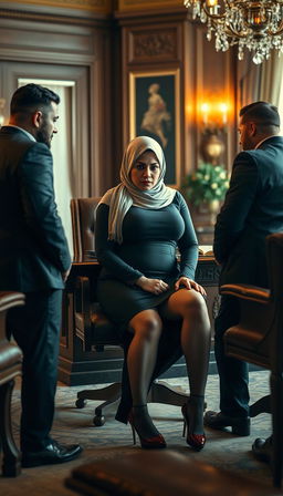 A high-class Arab hijab secretary, 40 years old, with white skin and a curvy, busty physique
