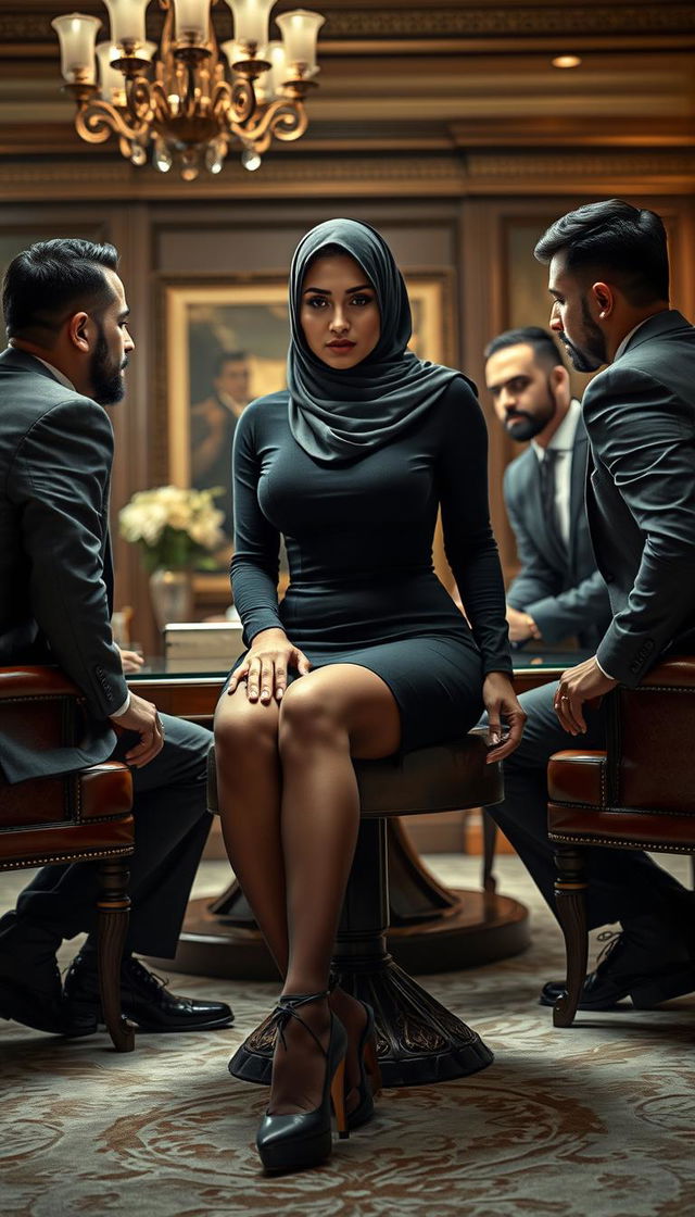 A high-class Arab hijab secretary, 40 years old, with white skin and a curvy, busty physique