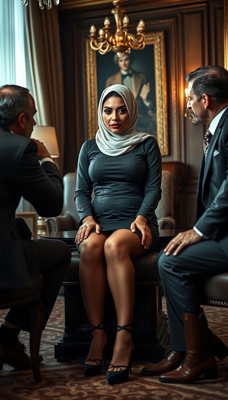 A high-class Arab hijab secretary, 40 years old, with white skin and a curvy, busty physique