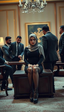 A high-class Arab hijab secretary, 40 years old, with white skin and a curvy, busty physique