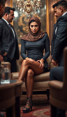 A high-class Arab hijab secretary, 40 years old, with white skin and a curvy, busty physique
