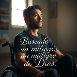 A powerful and emotional scene depicting a paralyzed man sitting in a quiet, serene environment