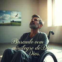 A powerful and emotional scene depicting a paralyzed man sitting in a quiet, serene environment