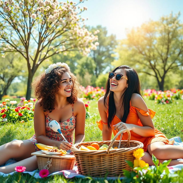 A joyful scene of two best friends enjoying a sunny day at a vibrant park