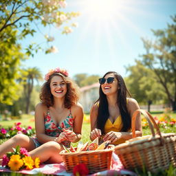 A joyful scene of two best friends enjoying a sunny day at a vibrant park