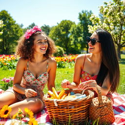 A joyful scene of two best friends enjoying a sunny day at a vibrant park