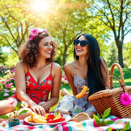A joyful scene of two best friends enjoying a sunny day at a vibrant park
