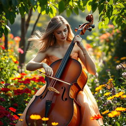 A stunning 40-year-old woman playing the cello in a vibrant garden filled with colorful flowers and greenery