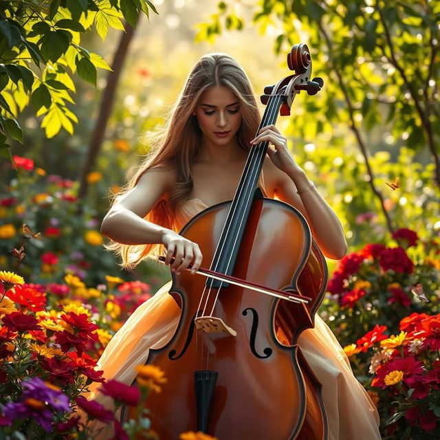 A stunning 40-year-old woman playing the cello in a vibrant garden filled with colorful flowers and greenery