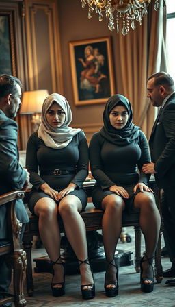 Two high-class Arab hijab secretaries, both 40 years old, with white skin and curvy, busty physiques