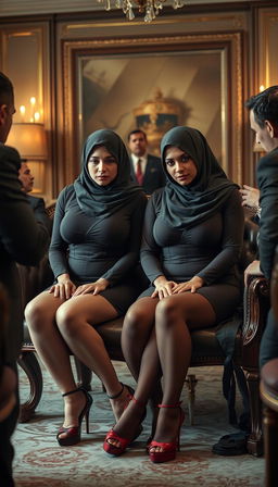 Two high-class Arab hijab secretaries, both 40 years old, with white skin and curvy, busty physiques
