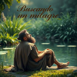 A biblical character, depicting a paralytic man sitting in front of a serene pond, with lush greenery surrounding him