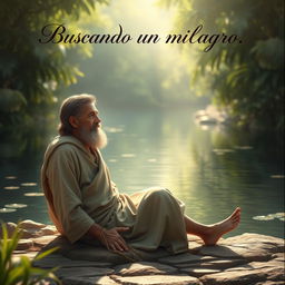 A biblical character, depicting a paralytic man sitting in front of a serene pond, with lush greenery surrounding him
