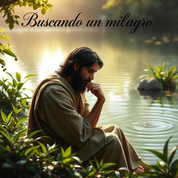 A biblical character, depicting a paralytic man sitting in front of a serene pond, with lush greenery surrounding him
