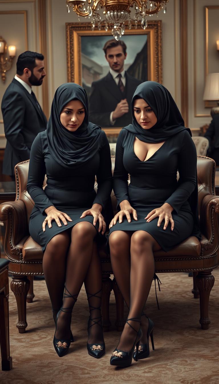 Two high-class Arab hijab secretaries, both 40 years old, with white skin and curvy, busty physiques