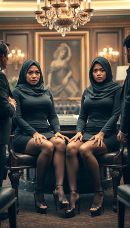 Two high-class Arab hijab secretaries, both 40 years old, with white skin and curvy, busty physiques