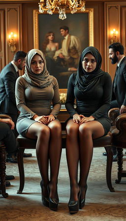 Two high-class Arab hijab secretaries, both 40 years old, with white skin and curvy, busty physiques