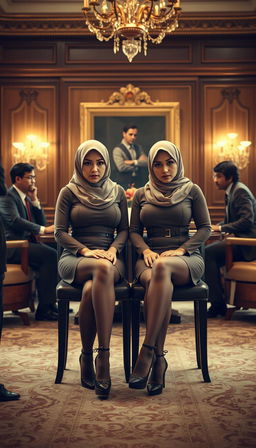Two high-class Arab hijab secretaries, both 40 years old, with white skin and curvy, busty physiques
