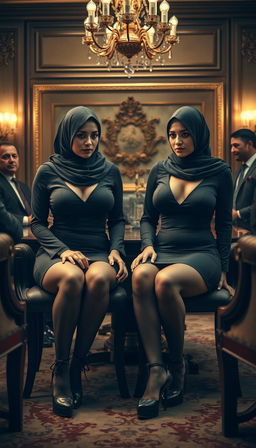 Two high-class Arab hijab secretaries, both 40 years old, with white skin and curvy, busty physiques