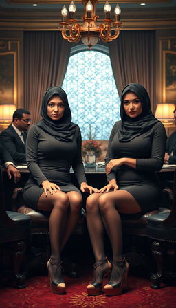 Two high-class Arab hijab secretaries, both 40 years old, with white skin and curvy, busty physiques