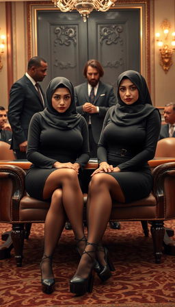 Two high-class Arab hijab secretaries, both 40 years old, with white skin and curvy, busty physiques