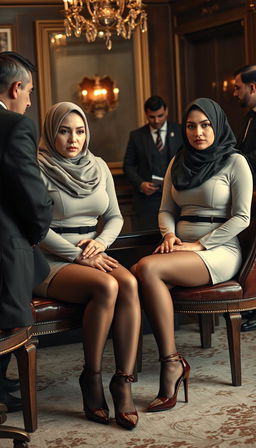 Two high-class Arab hijab secretaries, both 40 years old, with white skin and curvy, busty physiques