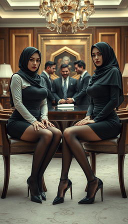 Two high-class Arab hijab secretaries, both 40 years old, with white skin and curvaceous, busty bodies