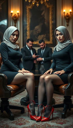Two high-class Arab hijab secretaries, both 40 years old, with white skin and curvaceous, busty bodies
