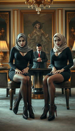 Two high-class Arab hijab secretaries, both 40 years old, with white skin and curvaceous, busty bodies